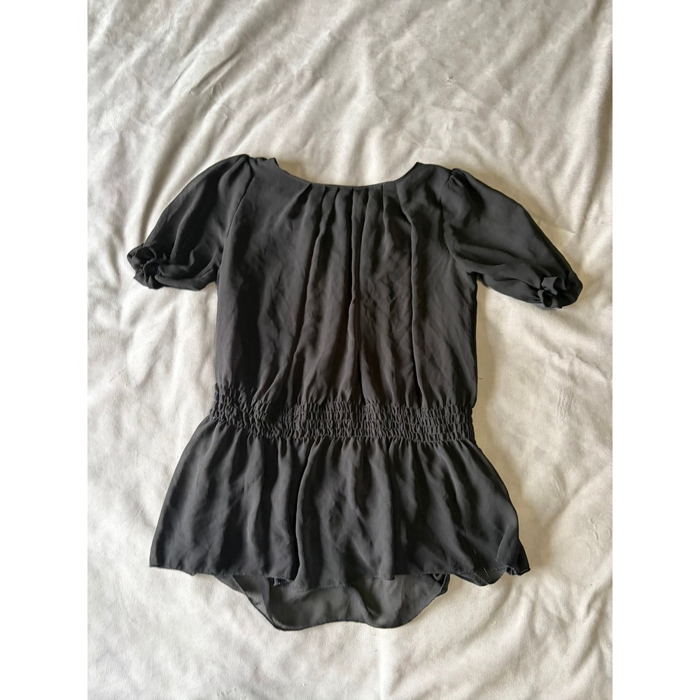 Black Chiffon Smocked Waist Peplum Blouse Short Puff Sleeve Scoop Neck Top